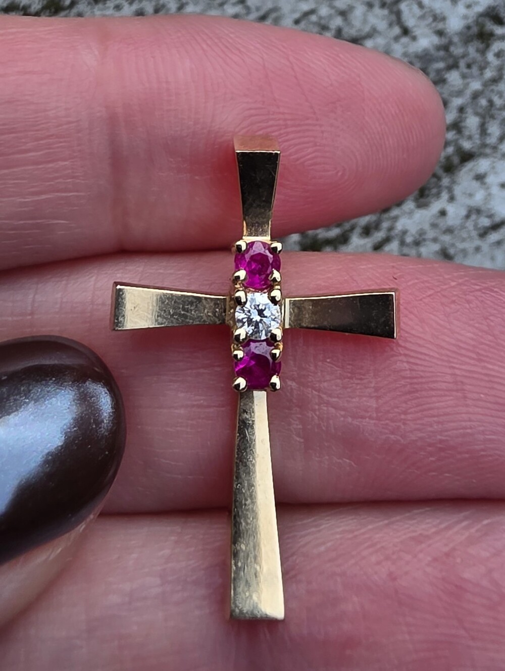 Vintage 14k Solid Gold Diamond And Ruby Cross Pendant - Picture 3 of 15